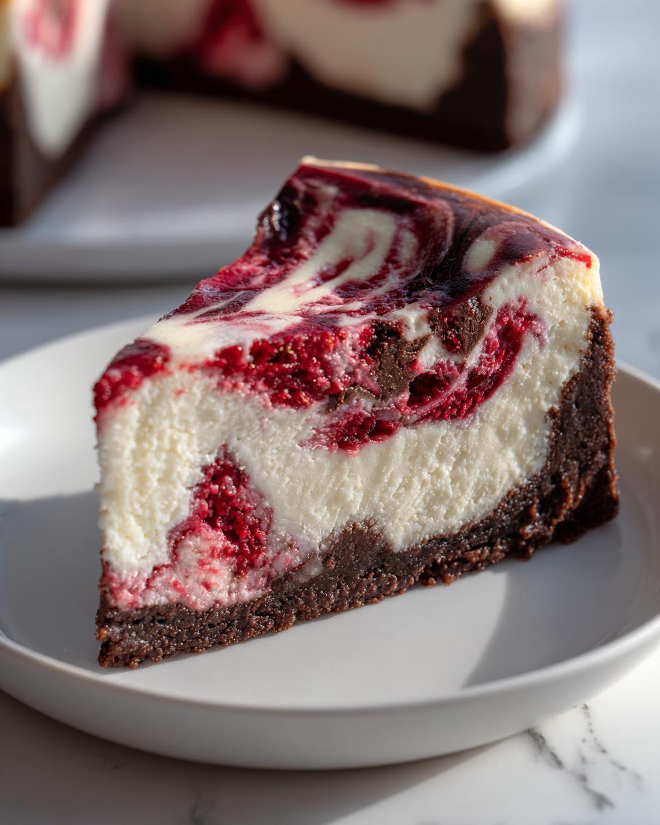 A perfect slice of white chocolate raspberry cheesecake featuring a dark brownie crust and a raspberry swirl topping.