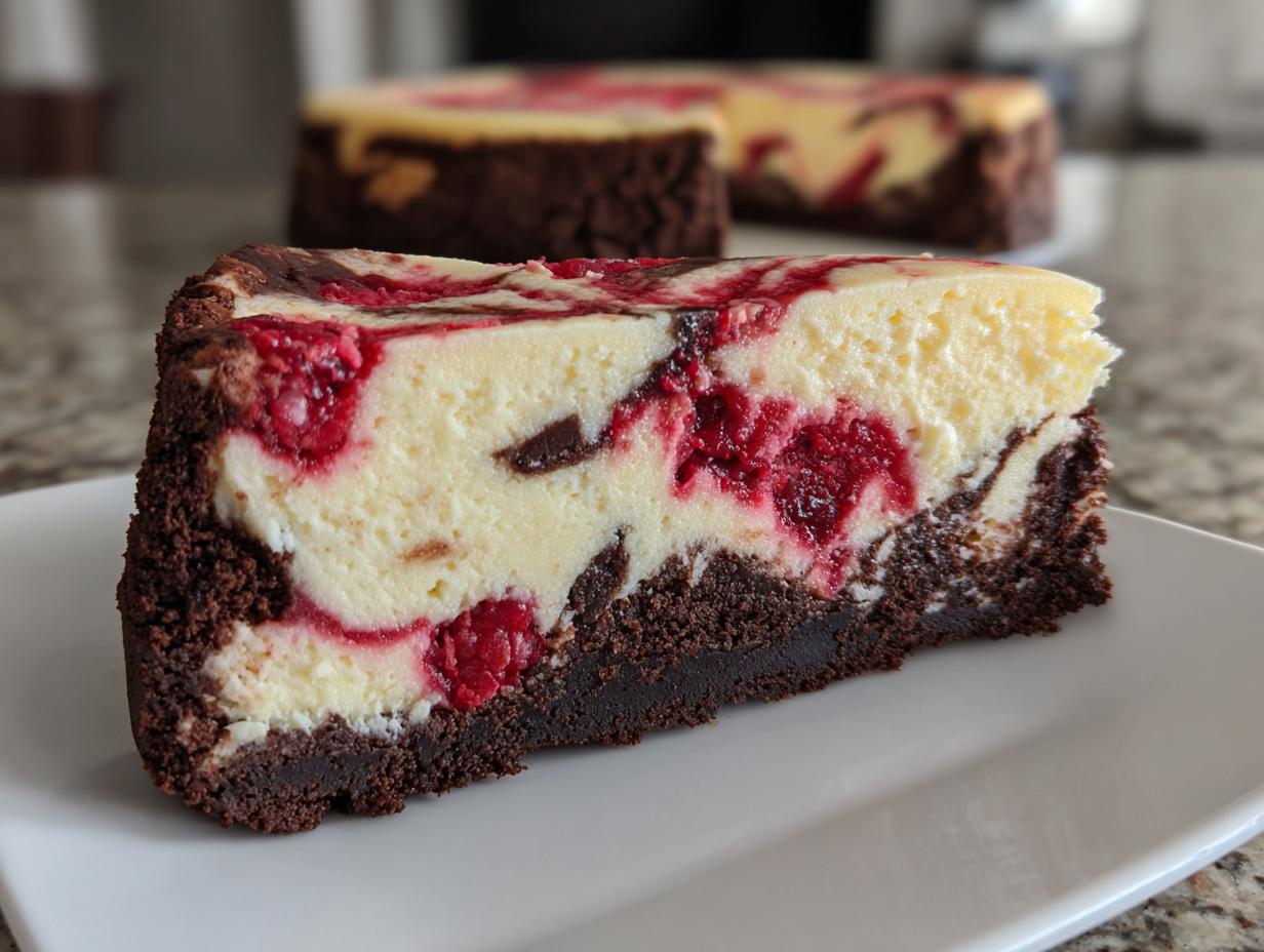 A thick slice of white chocolate raspberry cheesecake featuring a dark chocolate brownie crust and raspberry swirls.