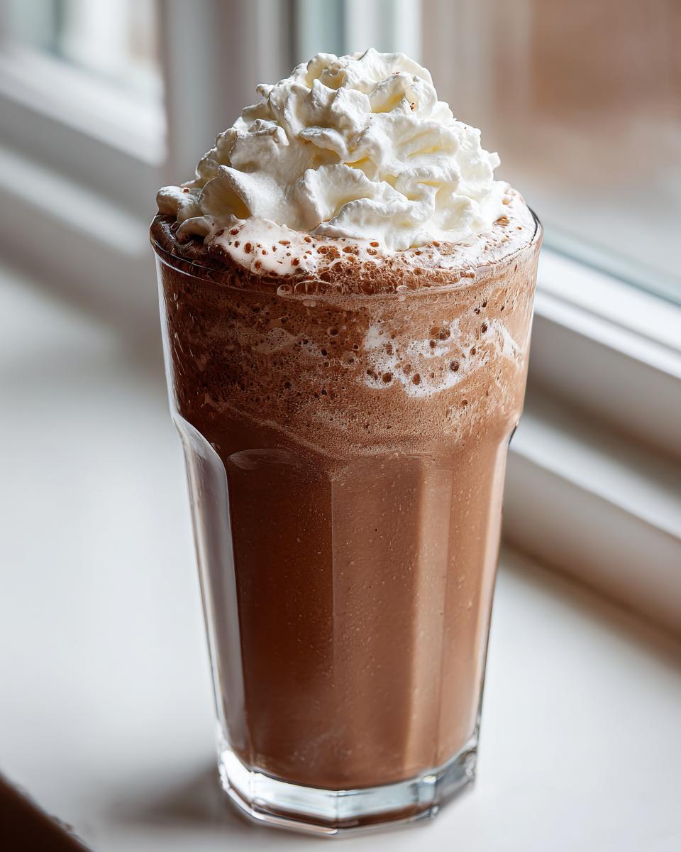 A tall glass filled with thick, blended frozen hot chocolate topped generously with whipped cream.