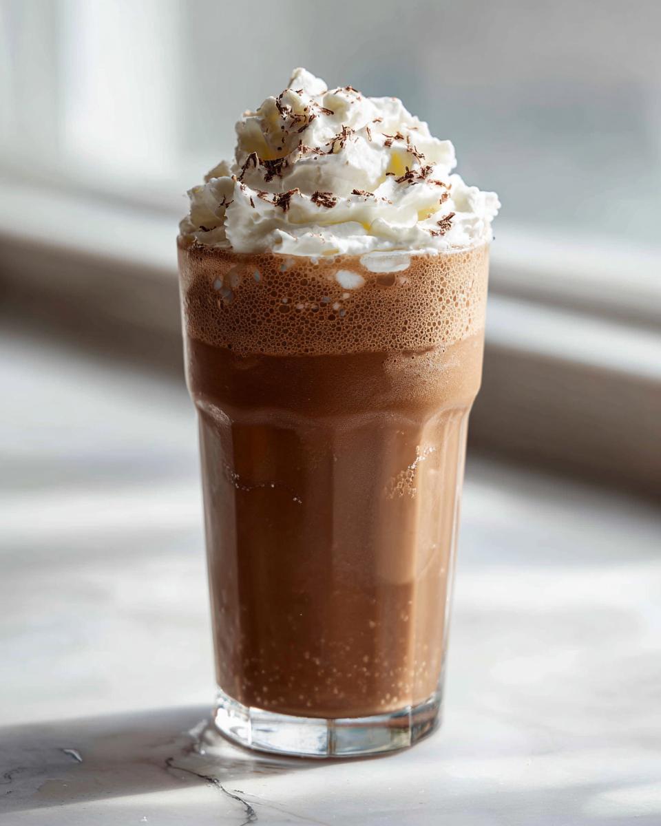 A tall glass filled with rich, blended frozen hot chocolate topped with whipped cream and chocolate shavings.