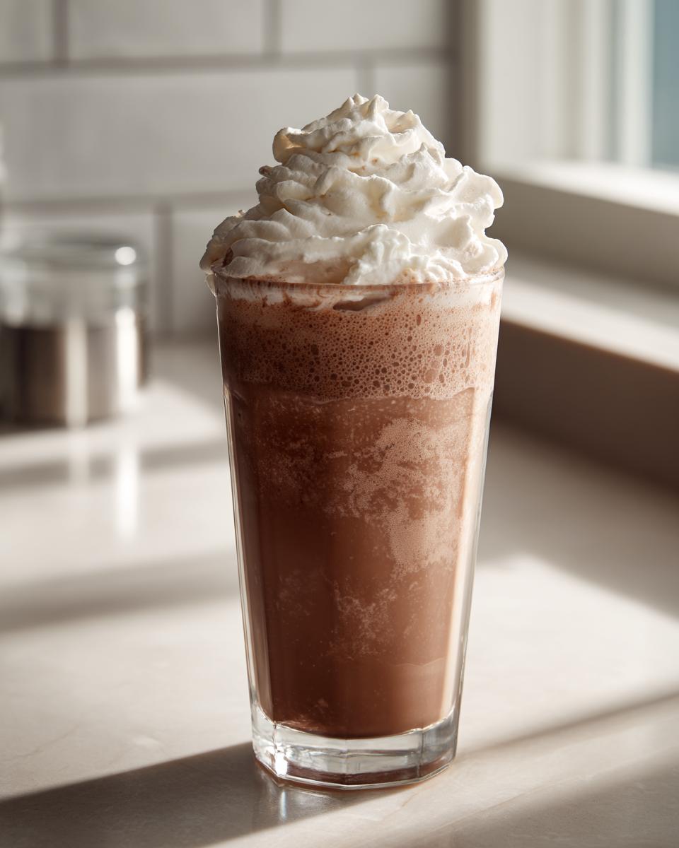 A tall glass filled with blended frozen hot chocolate topped high with whipped cream.