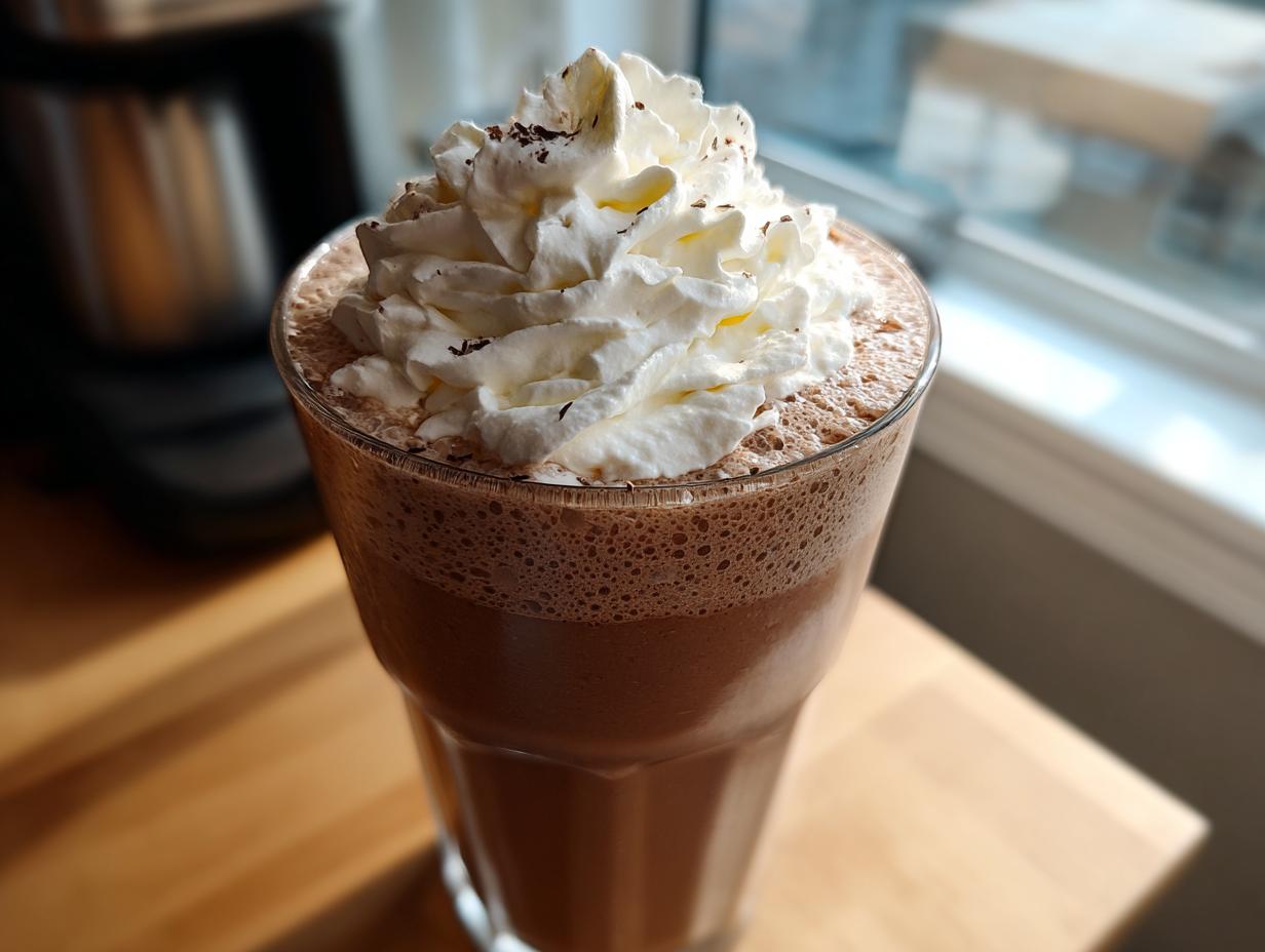 A tall glass filled with rich, blended frozen hot chocolate topped high with whipped cream and chocolate shavings.