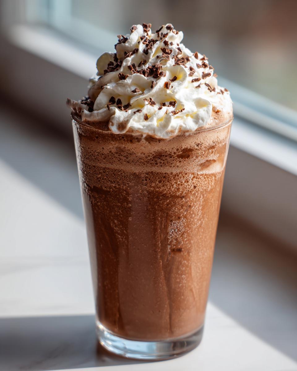 A tall glass filled with blended frozen hot chocolate topped with whipped cream and chocolate shavings.