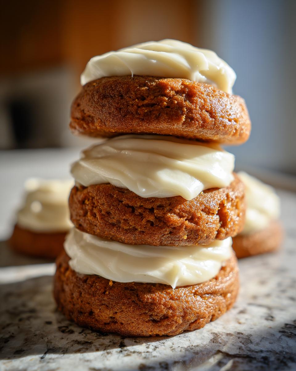A vertical stack of three rich, brown pumpkin cookie halves layered with thick cream cheese frosting.
