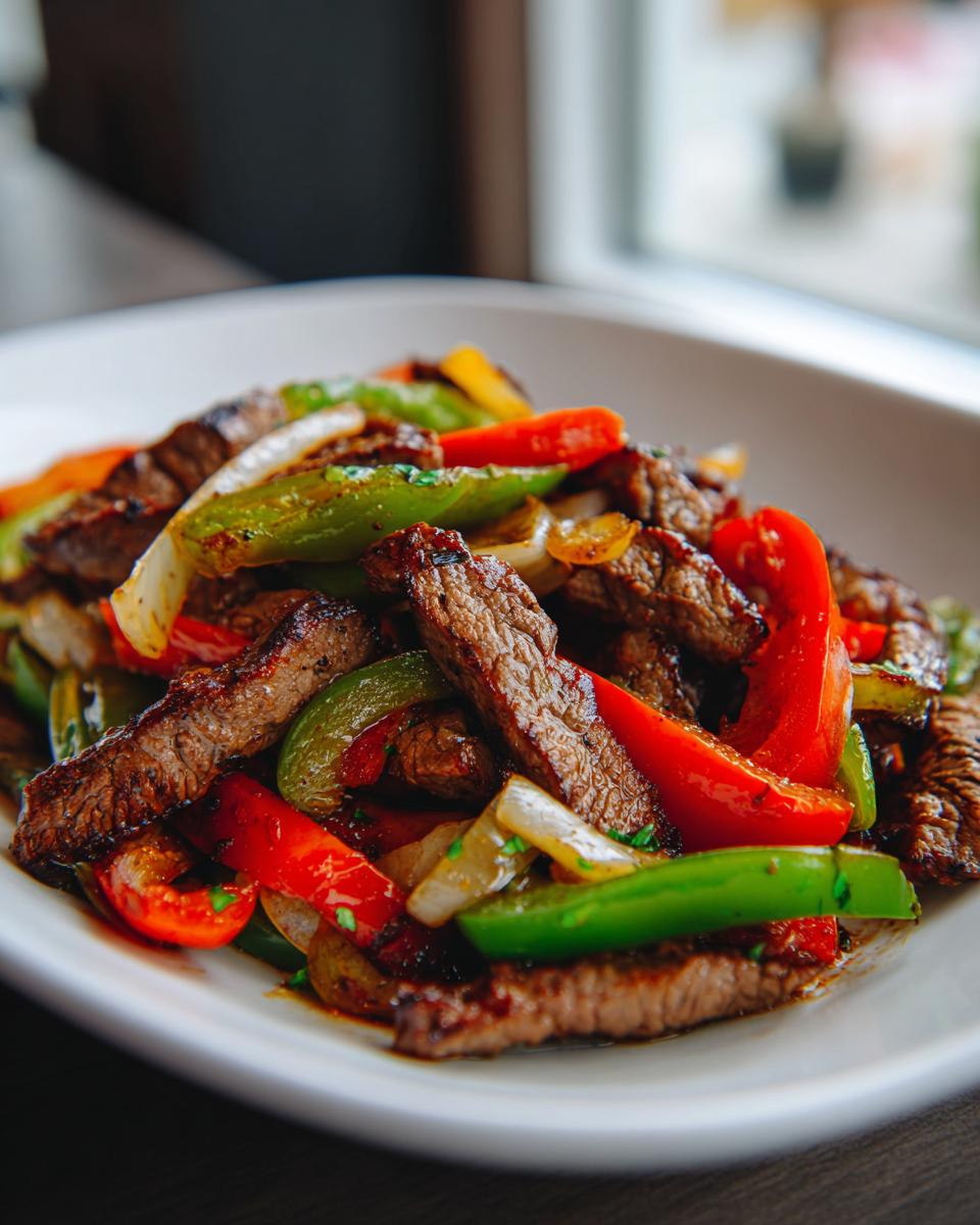 A close-up view of perfectly cooked steak fajitas featuring strips of seared steak mixed with vibrant red and green bell peppers and onions.