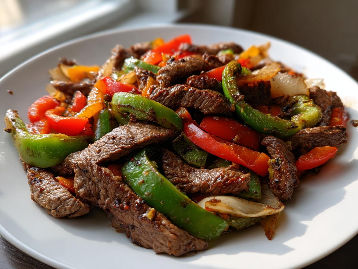 Close-up of sizzling steak fajitas featuring strips of seasoned beef mixed with bright red, green, and yellow bell peppers.