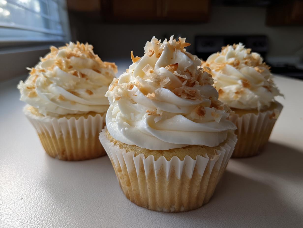 Three beautifully frosted coconut cupcakes topped with toasted coconut flakes sitting on a white counter.