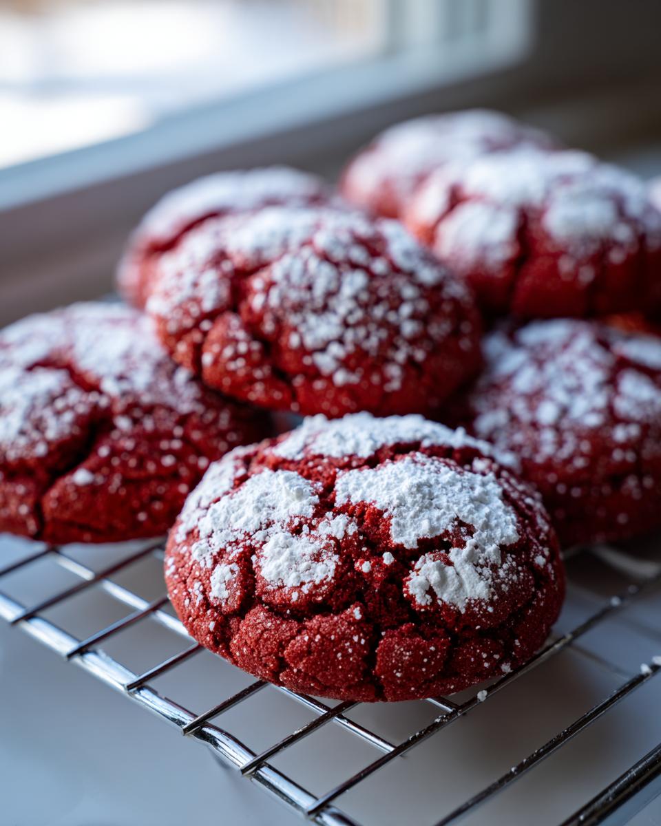 A pile of vibrant red velvet cake mix cookies dusted heavily with powdered sugar, resting on a wire cooling rack.