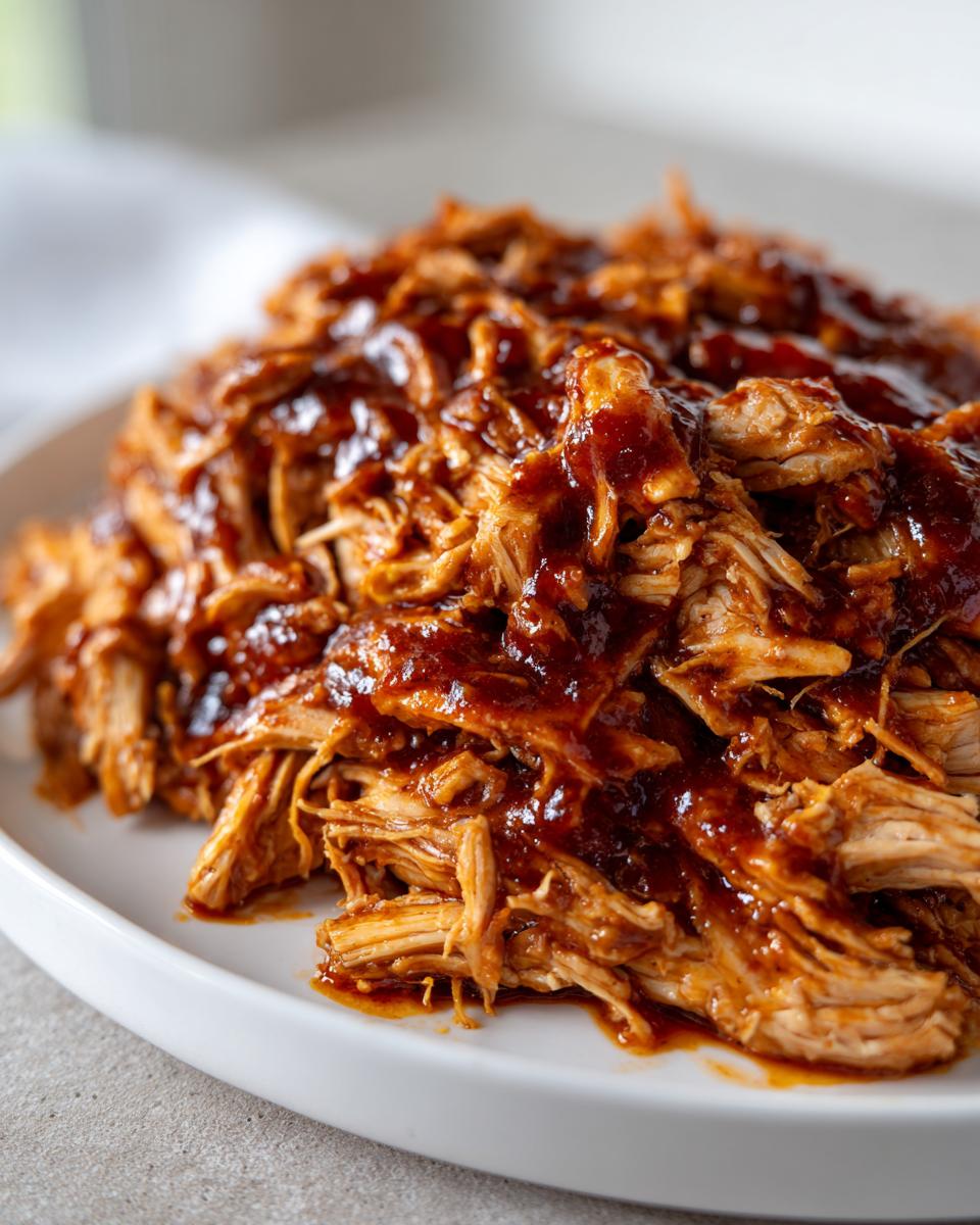 Close-up of tender, shredded bbq chicken generously coated in rich, dark barbecue sauce on a white plate.