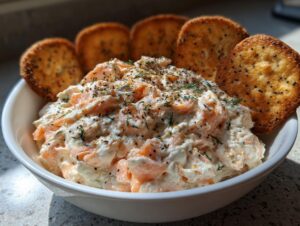 A close-up of creamy smoked salmon dip topped with dill and spices, served with poppy seed crackers.
