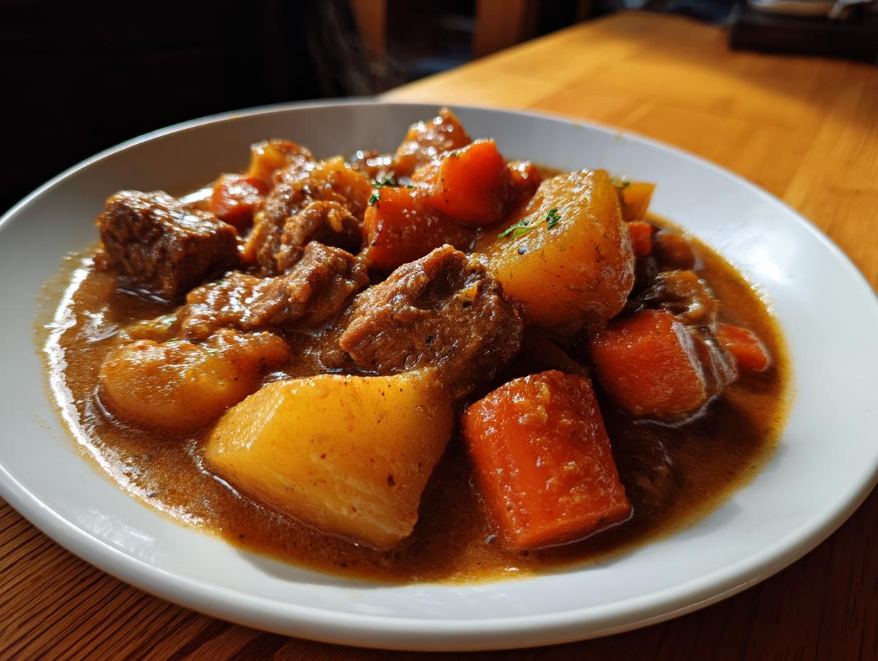 A close-up of a white bowl filled with rich, dark brown 7-hour pork stew featuring tender chunks of pork, potatoes, and carrots.