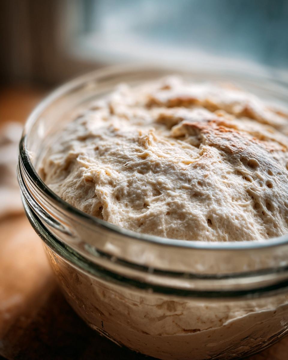 Close-up of an active, bubbly sourdough starter rising in a clear glass bowl.