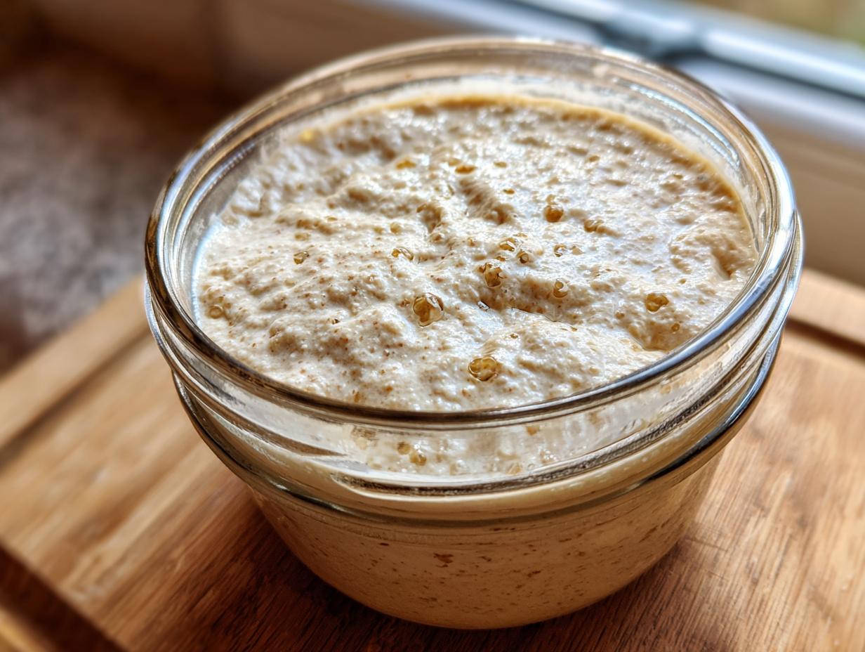 Close-up of an active, bubbly sourdough starter in a clear glass jar, showing signs of fermentation.
