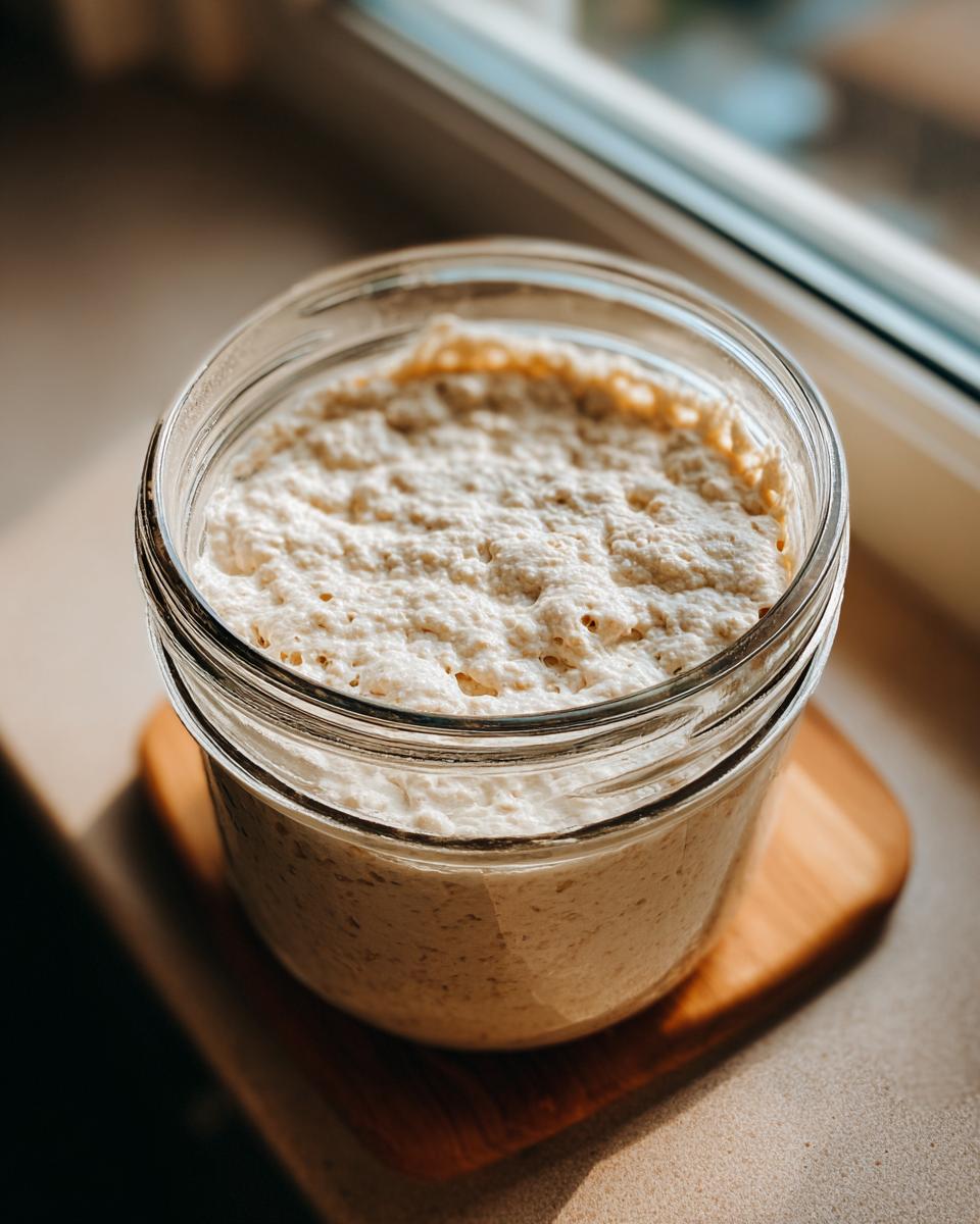 Close-up of an active, bubbly sourdough starter overflowing slightly in a clear glass jar, sitting on a wooden coaster.