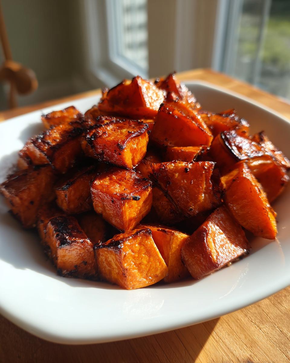 A white bowl filled with perfectly caramelized roasted sweet potatoes cubes, showing dark, glossy edges.