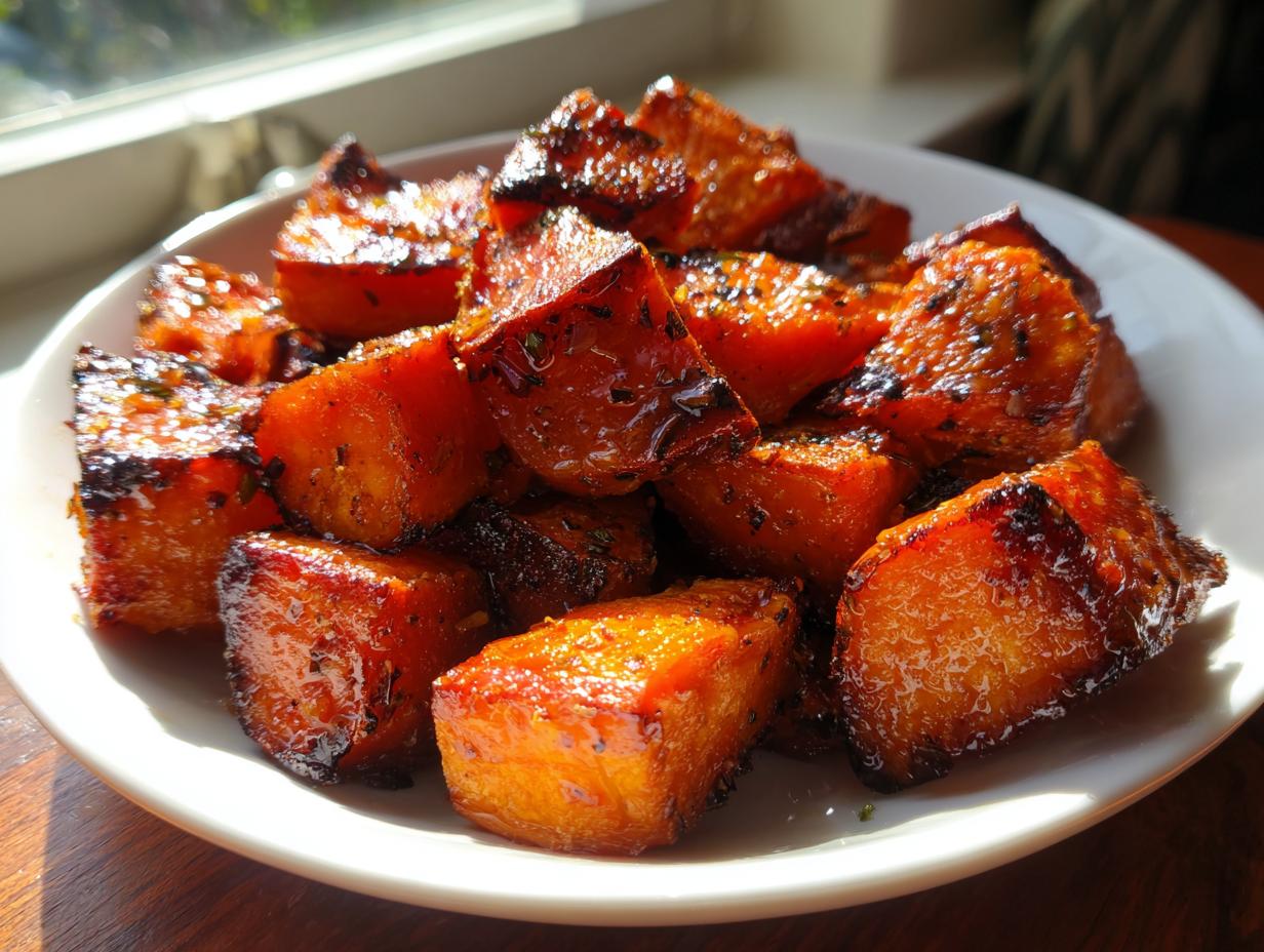 Close-up of caramelized, glazed roasted sweet potatoes cubes piled high on a white plate.