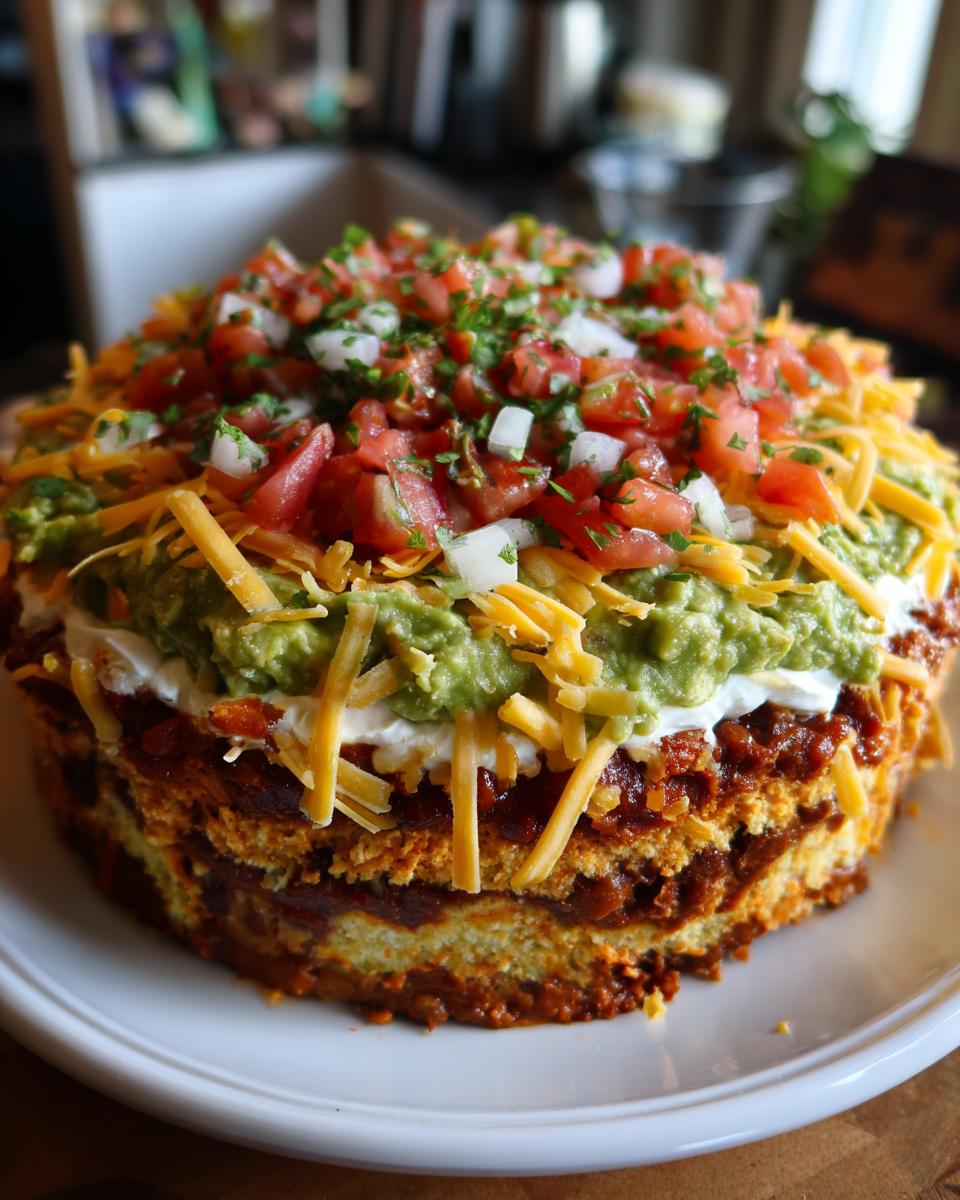 A towering, round presentation of the 7 layer dip, topped with pico de gallo, cheese, and guacamole.