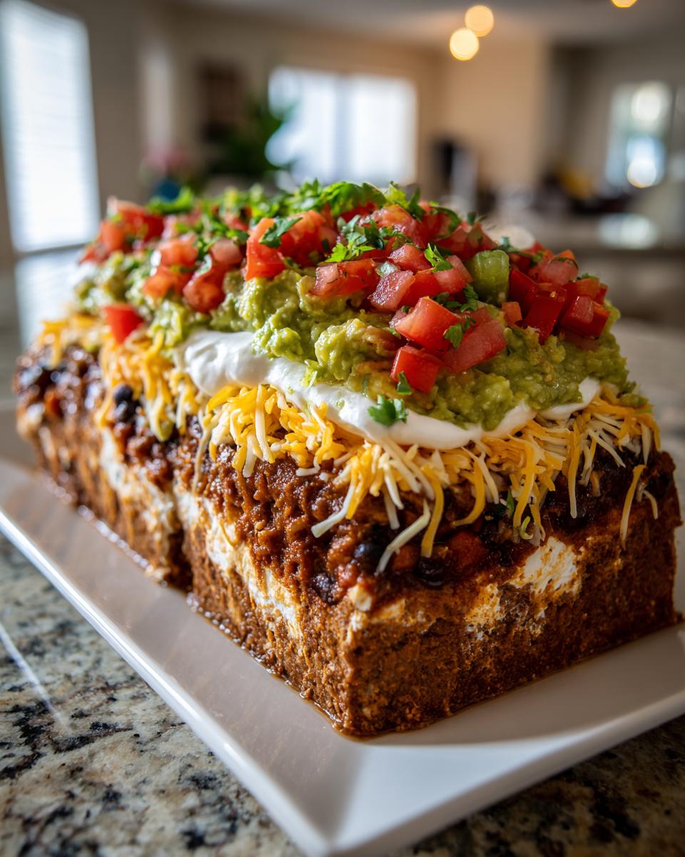 A tall, rectangular serving of amazing 7 layer dip topped with guacamole, sour cream, cheese, and salsa.