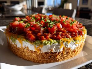 A visually stunning, round 7 layer dip featuring a crust base, cream cheese, guacamole, salsa, cheese, and diced tomatoes.