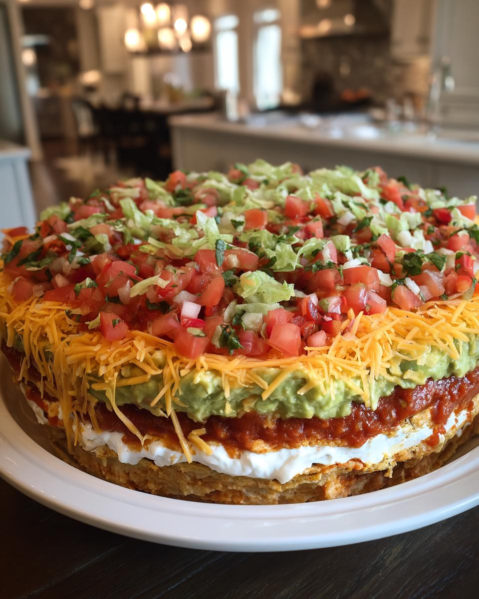 A tall, impressive 7 layer dip piled high with visible layers of sour cream, salsa, guacamole, cheese, lettuce, and pico de gallo.