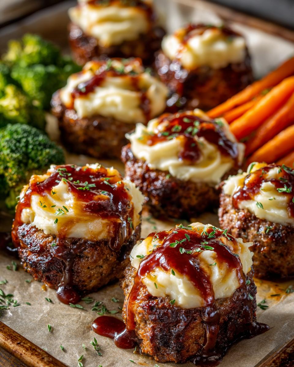 Several perfectly cooked mini meatloaf portions topped with piped mashed potatoes, a rich glaze, and herbs, served alongside carrots and broccoli.