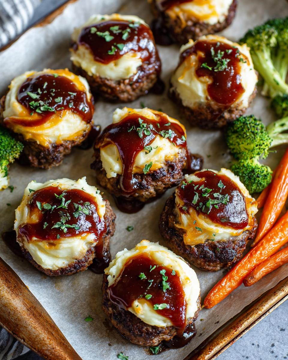 Close-up of several amazing 8-ingredient mini meatloaf portions topped with mashed potatoes, rich sauce, and parsley.