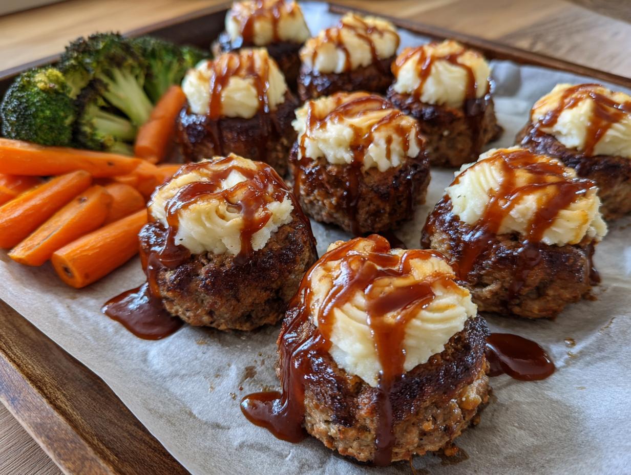 Close-up of several amazing 8-ingredient mini meatloaf portions topped with mashed potatoes and gravy.