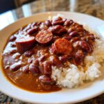 Close-up of creamy, rich beans and rice topped with slices of smoked sausage.