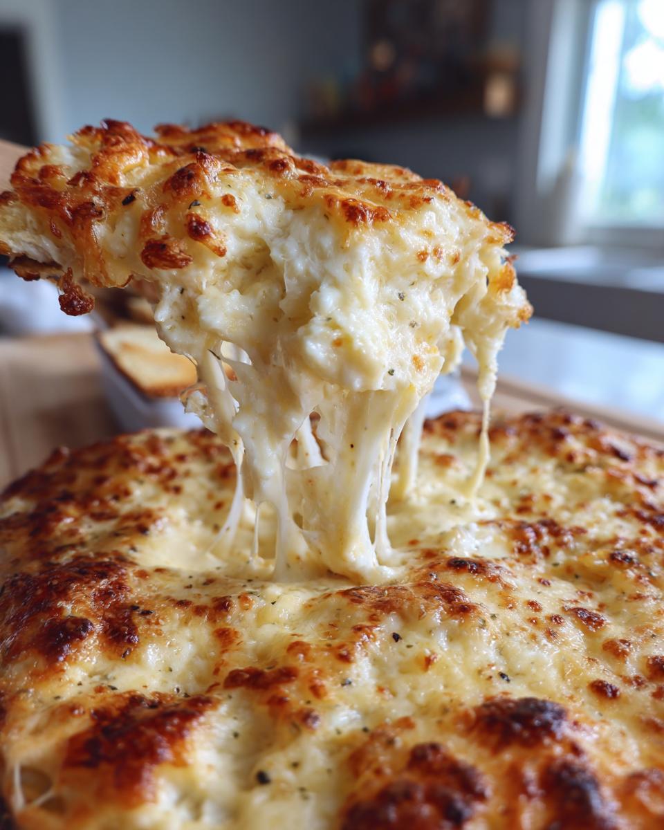 A spoonful of hot, gooey beer cheese dip is lifted, showing extreme cheese stretch.