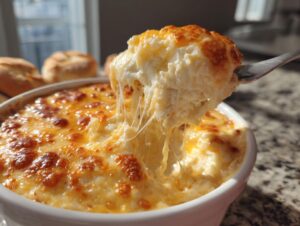 A fork lifts a scoop of hot, bubbly beer cheese dip showing extreme cheese pull, with a golden-brown crust.