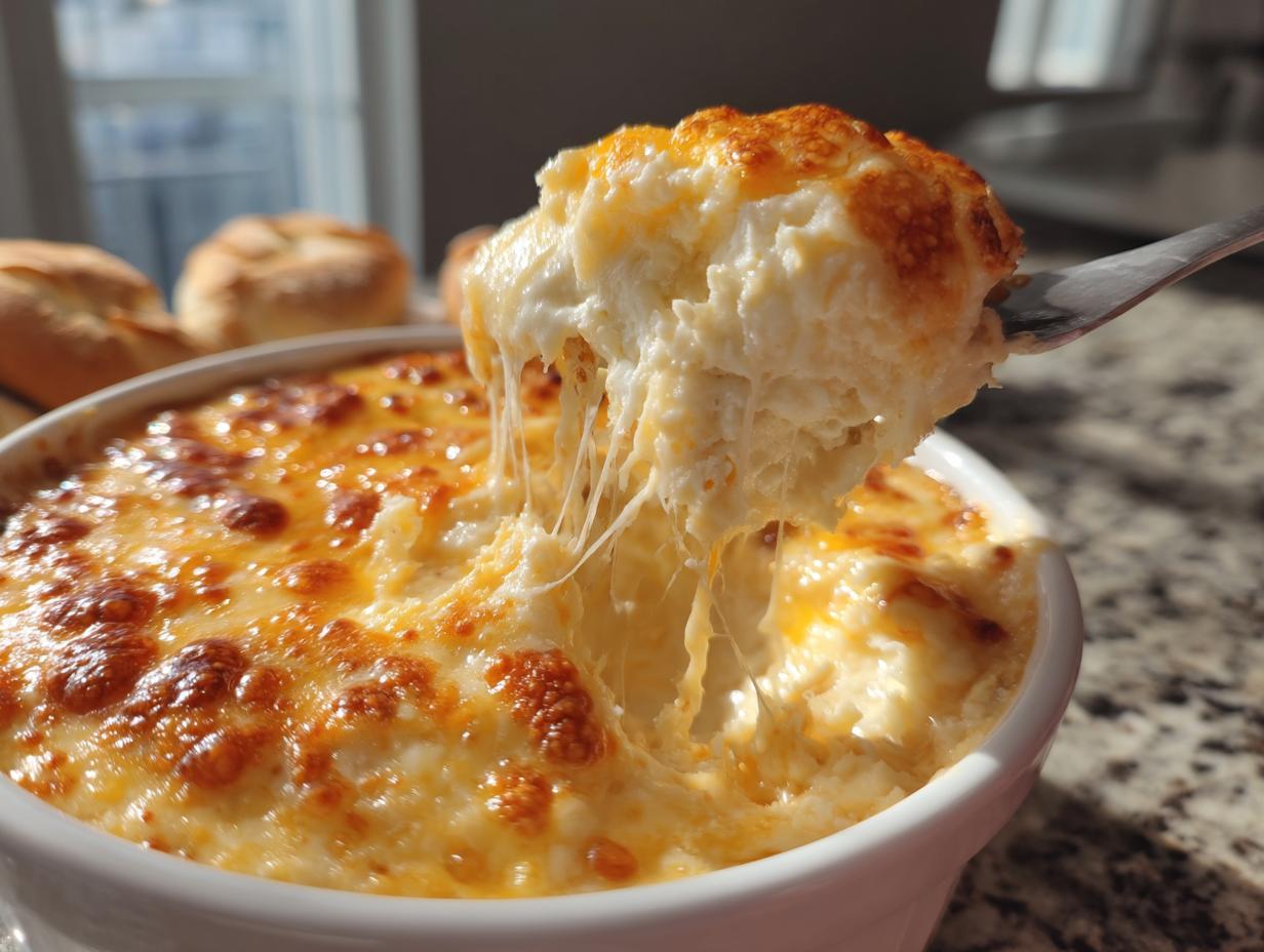 A fork lifts a scoop of hot, bubbly beer cheese dip showing extreme cheese pull, with a golden-brown crust.