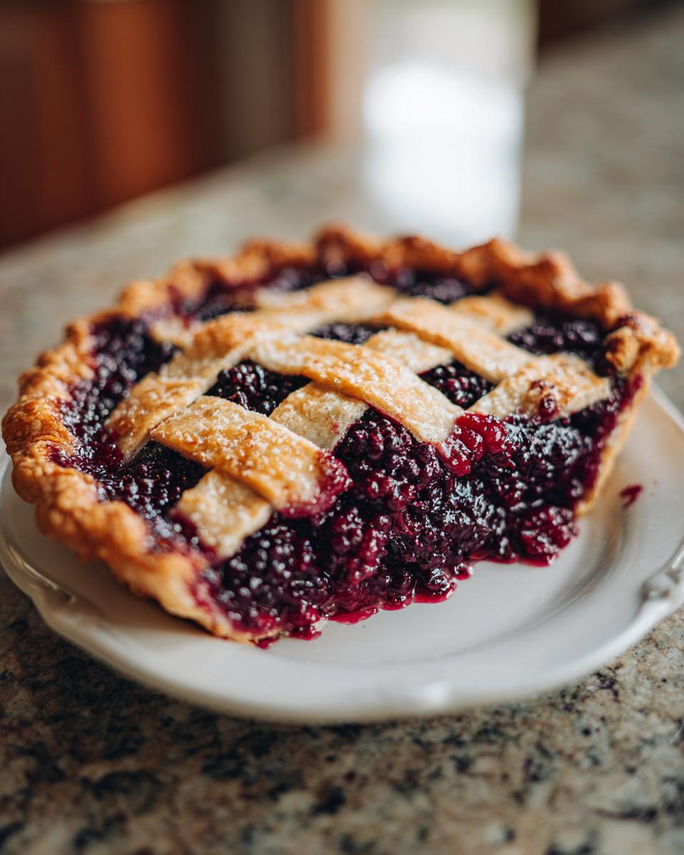 A close-up of a slice of amazing blackberry pie featuring a juicy filling and golden lattice crust.