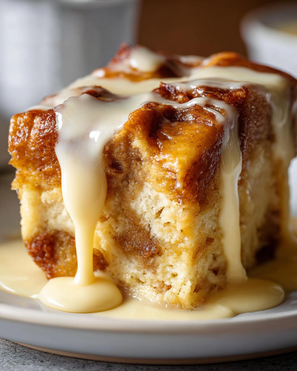 Close-up of a moist slice of bread pudding generously topped with vanilla cream sauce.