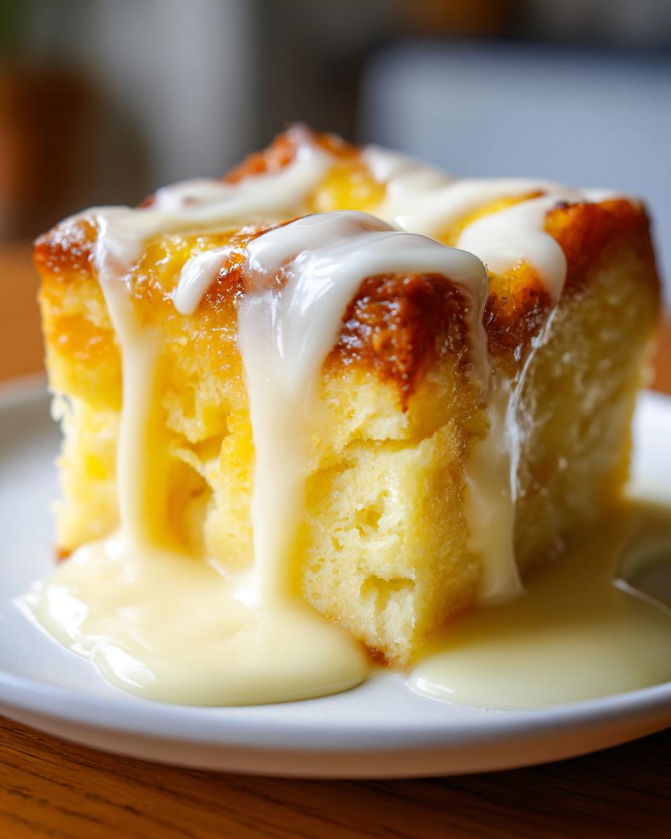 A close-up of a square slice of golden bread pudding generously topped with dripping vanilla sauce.