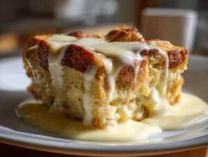 A decadent slice of amazing bread pudding topped with rich vanilla sauce, served on a white plate.