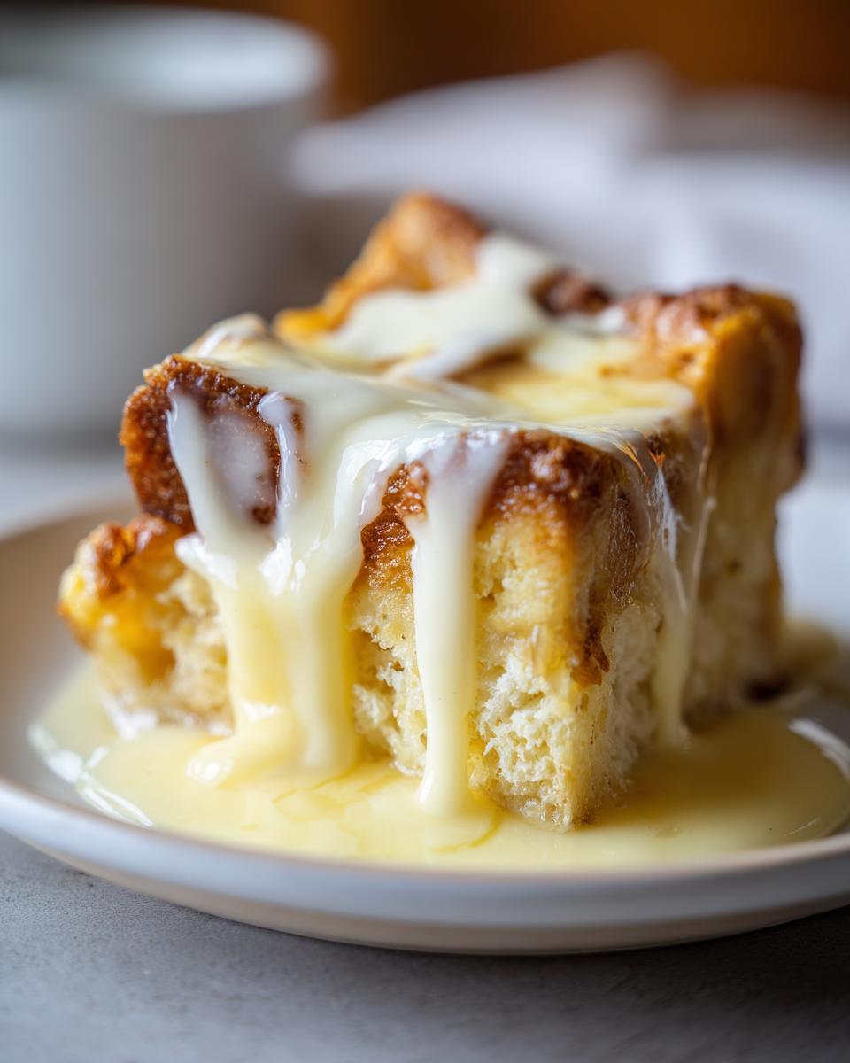 Close-up of a square slice of amazing bread pudding generously covered in thick vanilla sauce.