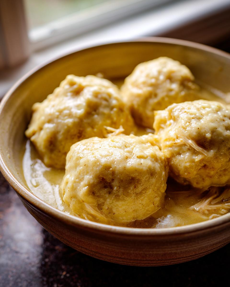 Close-up of four fluffy dumplings soaking in rich broth in a bowl of chicken and dumpling.