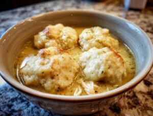 Close-up of four fluffy dumplings floating in rich broth with shredded chicken for amazing chicken and dumpling.