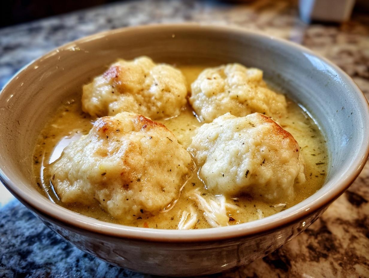 Close-up of four fluffy dumplings floating in rich broth with shredded chicken for amazing chicken and dumpling.