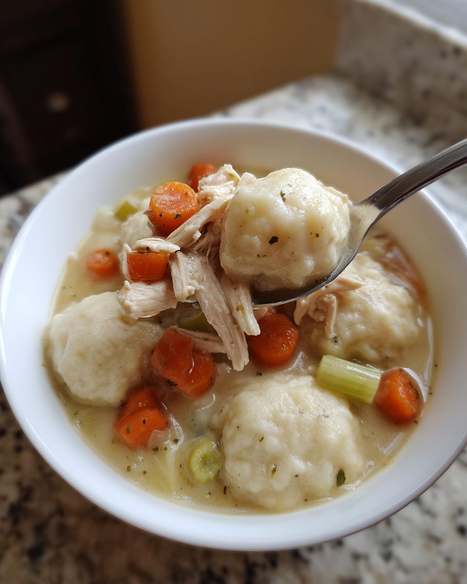 A spoonful lifting a fluffy dumpling from a bowl of amazing chicken and dumplings with shredded chicken and carrots.