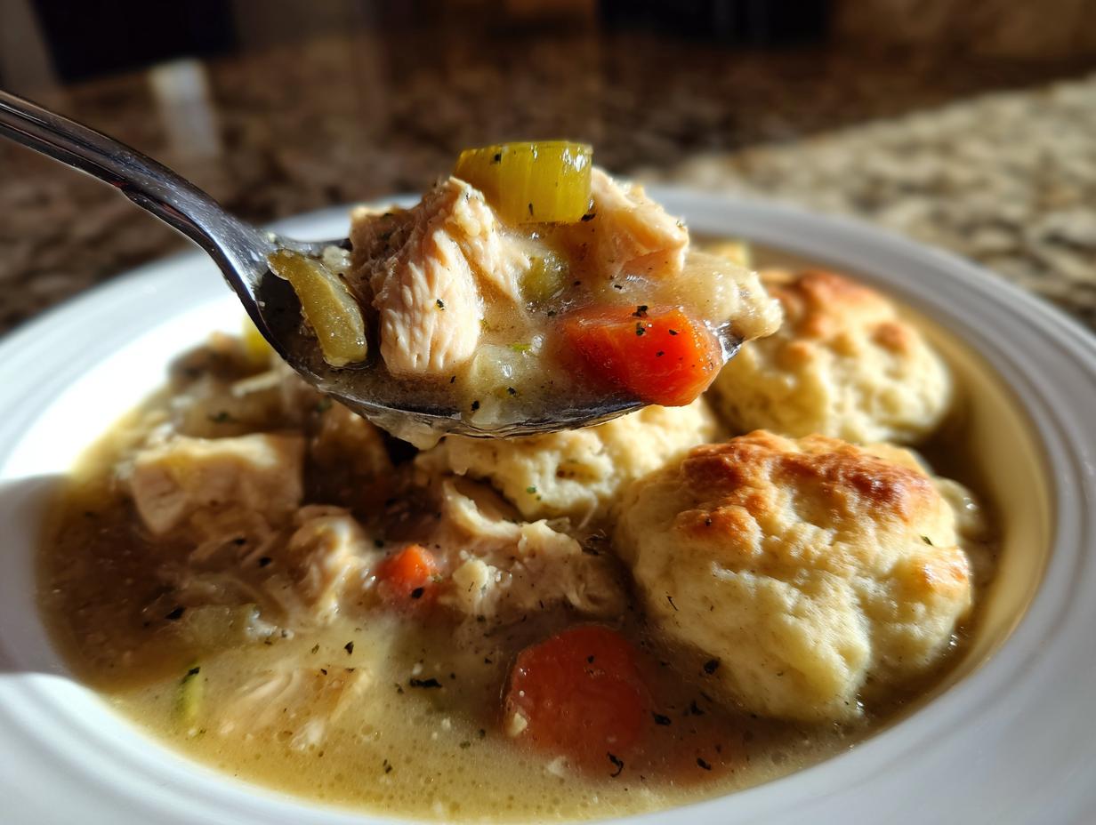 A spoonful lifted from a bowl of amazing chicken and dumplings, showing tender chicken, carrots, and celery in gravy.