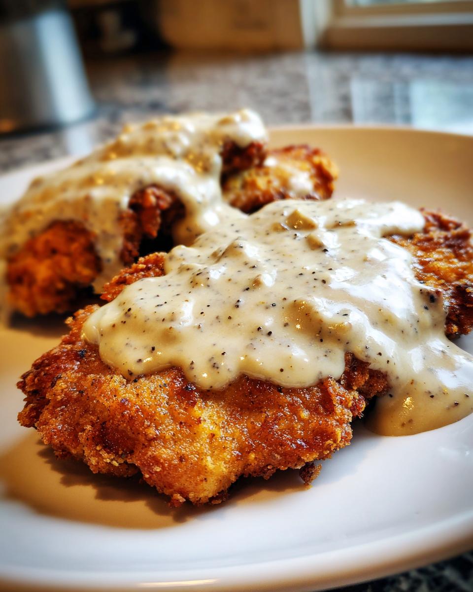 Two pieces of golden brown, crispy chicken fried steak smothered in thick, creamy black pepper gravy.