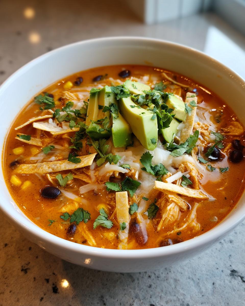Close-up of a bowl of amazing chicken tortilla soup topped with avocado, cheese, and cilantro.