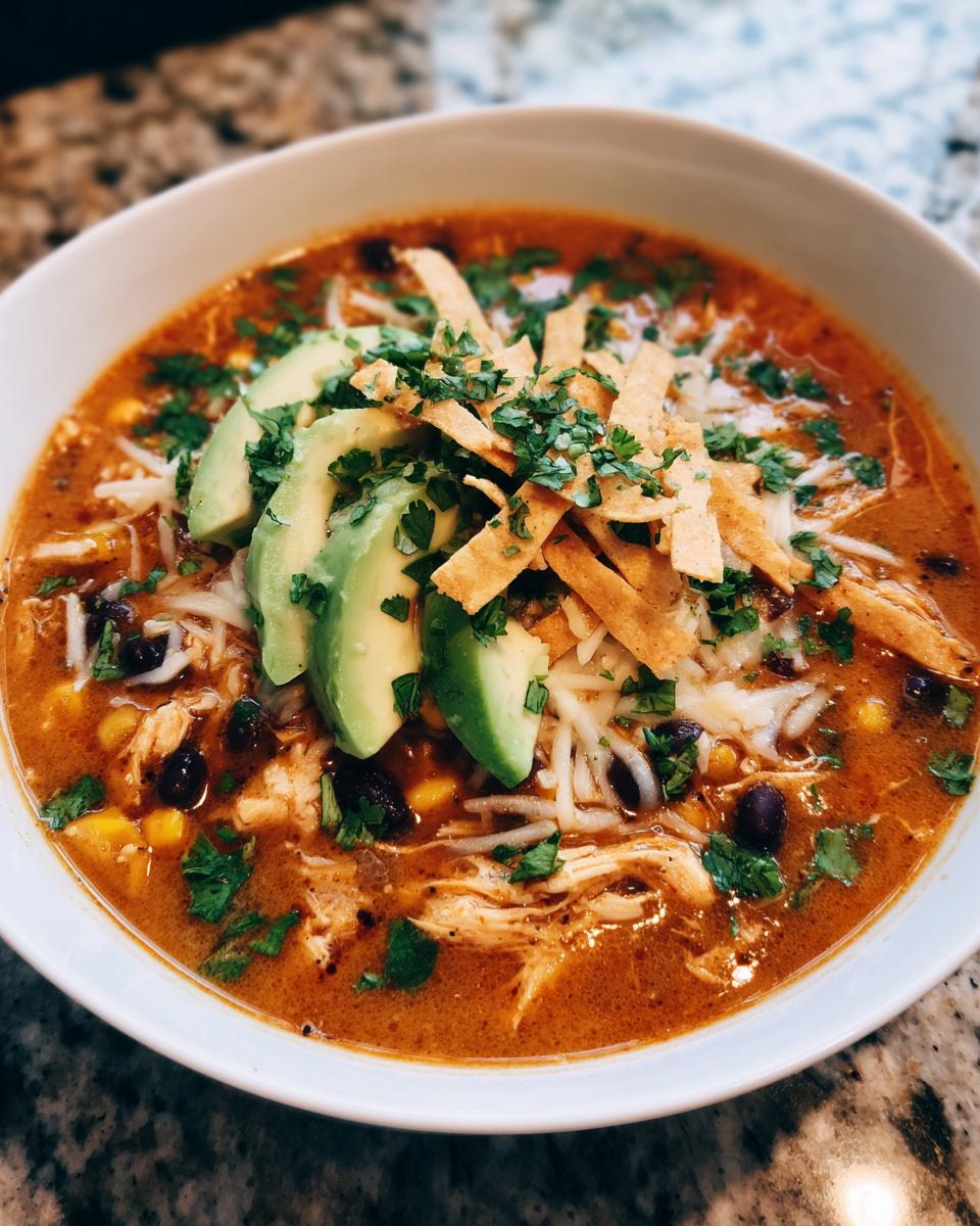 Close-up of a bowl of amazing chicken tortilla soup topped with avocado, cheese, cilantro, and tortilla strips.