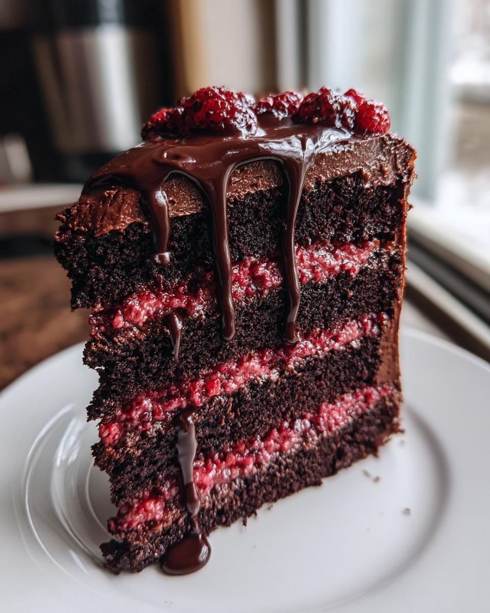 A tall slice of chocolate raspberry cake showing dark layers, bright raspberry filling, and rich chocolate ganache drip.