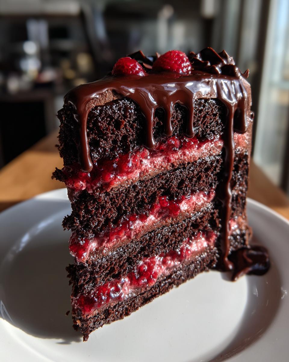 A tall slice of chocolate raspberry cake featuring dark layers, raspberry filling, and dripping chocolate ganache.