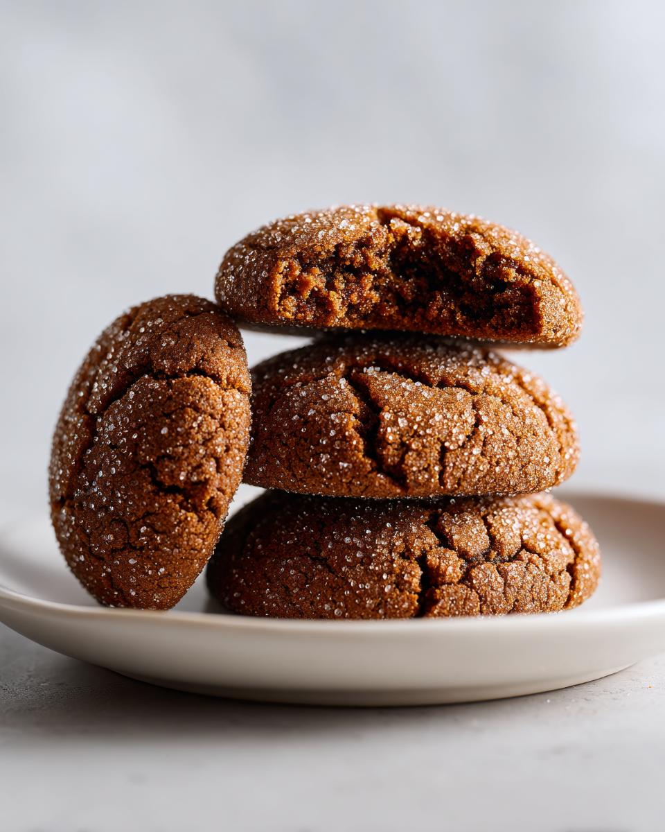 A stack of three chewy gingersnap cookies, coated in sugar, with one cookie broken open to show the soft interior.