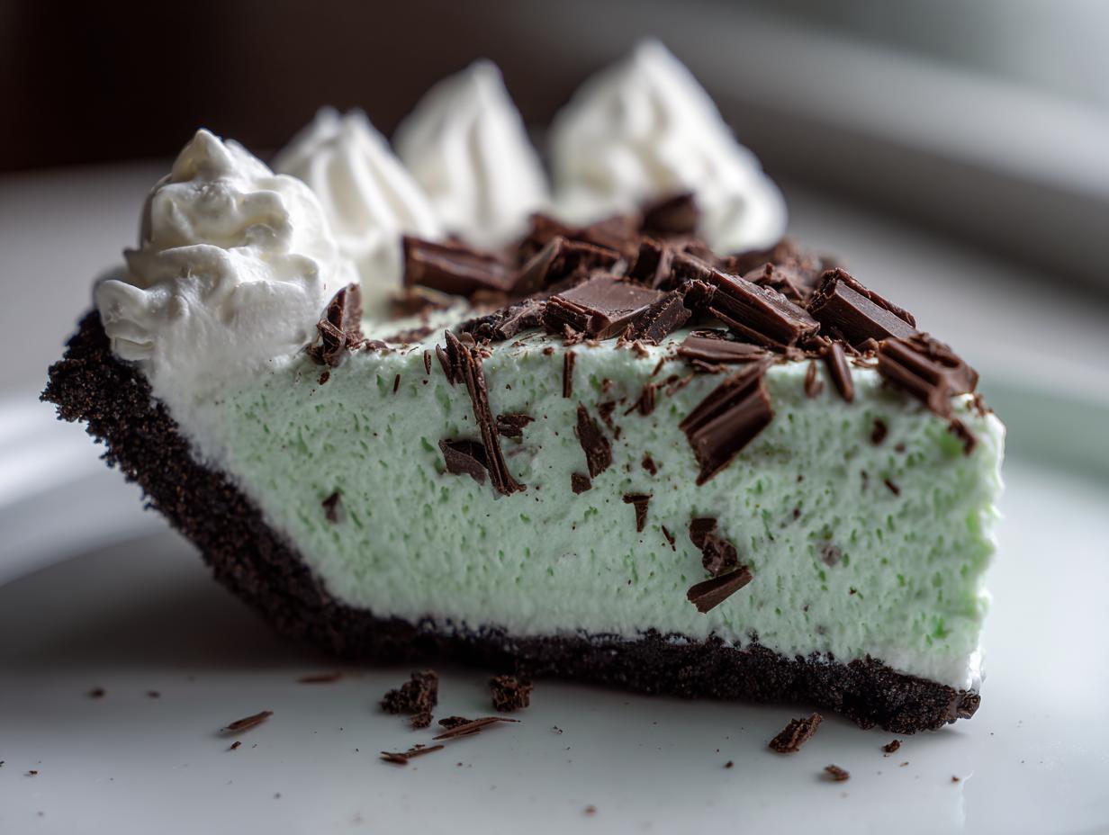 Close-up of a slice of bright green grasshopper pie with a dark chocolate crust, topped with whipped cream and chocolate shavings.