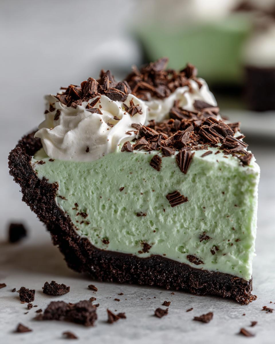 Close-up of a rich slice of grasshopper pie featuring a light green mint filling and dark chocolate crust, topped with whipped cream and chocolate shavings.