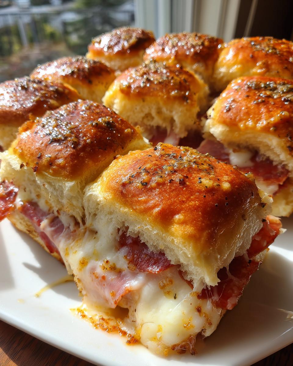 Close-up of baked grinder sliders with melted cheese oozing out, topped with herbs.